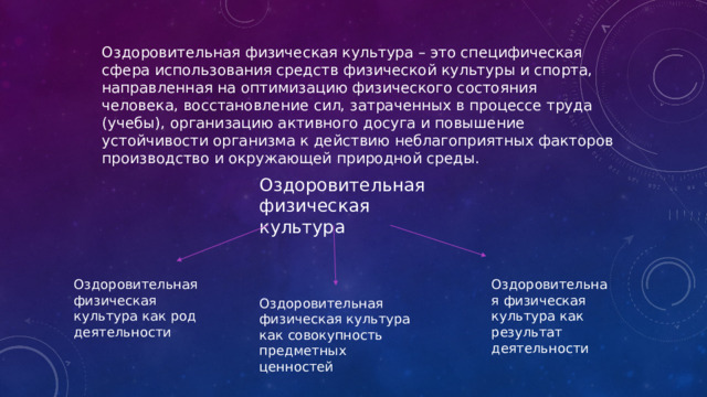 Оздоровительная физическая культура – это специфическая сфера использования средств физической культуры и спорта, направленная на оптимизацию физического состояния человека, восстановление сил, затраченных в процессе труда (учебы), организацию активного досуга и повышение устойчивости организма к действию неблагоприятных факторов производство и окружающей природной среды. Оздоровительная физическая культура Оздоровительная физическая культура как род деятельности Оздоровительная физическая культура как результат деятельности Оздоровительная физическая культура как совокупность предметных ценностей