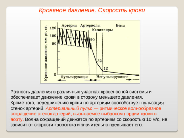 Кровяное давление. Скорость крови Разность давления в различных участках кровеносной системы и обеспечивает движение крови в сторону меньшего давления. Кроме того, передвижению крови по артериям способствует пульсация стенок артерий. Артериальный пульс — ритмическое волнообразное сокращение стенок артерий, вызываемое выбросом порции крови в аорту. Волна сокращений движется по артериям со скоростью 10 м/с, не зависит от скорости кровотока и значительно превышает его.