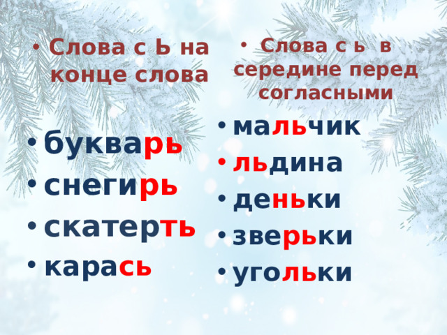 Слова с Ь на конце слова Слова с ь в середине перед согласными  ма ль чик буква рь снеги рь ль дина скатер ть де нь ки зве рь ки уго ль ки кара сь