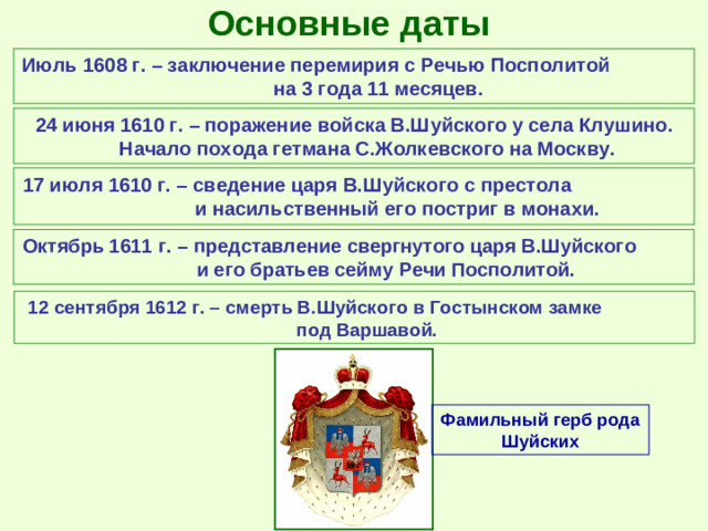 Основные даты Июль 1608 г. – заключение перемирия с Речью Посполитой на 3 года 11 месяцев. 24 июня 1610 г. – поражение войска В.Шуйского у села Клушино. Начало похода гетмана С.Жолкевского на Москву. 17 июля 1610 г. – сведение царя В.Шуйского с престола и насильственный его постриг в монахи. Октябрь 1611 г. – представление свергнутого царя В.Шуйского и его братьев сейму Речи Посполитой. 12 сентября 1612 г. – смерть В.Шуйского в Гостынском замке под Варшавой. Фамильный герб рода Шуйских