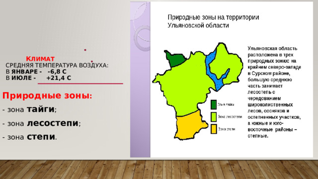 К лимат  Средняя температура воздуха:  в январе - -6,8  с  в июле - +21,4 С    Природные зоны : -  зона  тайги ; - зона лесостепи ; - зона степи .