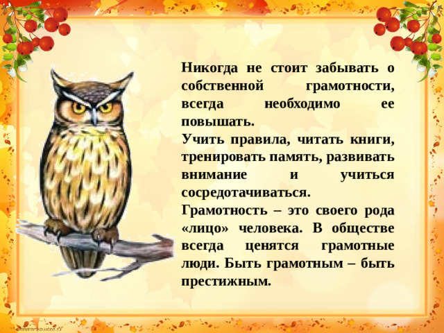 Никогда не стоит забывать о собственной грамотности, всегда необходимо ее повышать. Учить правила, читать книги, тренировать память, развивать внимание и учиться сосредотачиваться. Грамотность – это своего рода «лицо» человека. В обществе всегда ценятся грамотные люди. Быть грамотным – быть престижным.