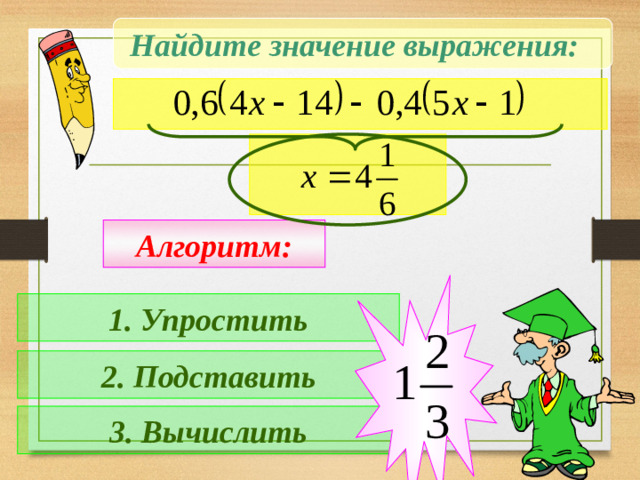 Найдите значение выражения: Алгоритм: 1. Упростить Все действия по алгоритму учащимися выполняются на доске и в тетрадях. 2. Подставить 3. Вычислить