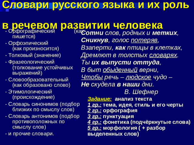 Словари русского языка и их роль  в речевом развитии человека - Орфографический (как пишется) - Орфоэпический (как произносится) - Толковый (значение) - Фразеологический (толкование устойчивых выражений) - Словообразовательный (как образовано слово) - Этимологический (происхождение) - Словарь синонимов (подбор близких по смыслу слов) - Словарь антонимов (подбор противоположных по смыслу слов) - и прочие словари. Сотни слов, родных и метких , Сникнув , голос потеряв , Взаперти, как птицы в клетках, Дремлют в толстых словарях . Ты их выпусти оттуда , В быт обыденный верни, Чтобы речь – людское чудо – Не скудела в  наши дни.  В. Шефнер Задание:  анализ текста 1 гр.: тема, идея, стиль и его черты 2 гр.: орфография 3 гр.: пунктуация 4 гр.: фонетика (подчёркнутые слова) 5 гр.: морфология ( + разбор выделенных слов)