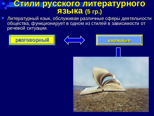 Стили русского литературного языка (5 гр.) Литературный язык, обслуживая различные сферы деятельности общества, функционирует в одном из стилей в зависимости от речевой ситуации. разговорный книжные научный  официально-деловой пубицистический художественный