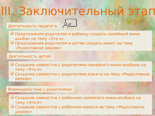 III. Заключительный этап Деятельность педагога: Предложение родителям и ребенку создать семейный мини-альбом на тему «Это я». Предложение родителям и детям создать макет на тему «Родословное дерево» Деятельность детей: Создание совместно с родителями семейного мини-альбома на тему «Это я». Создание совместно с родителями макета на тему «Родословное дерево» Взаимодействие с родителями: