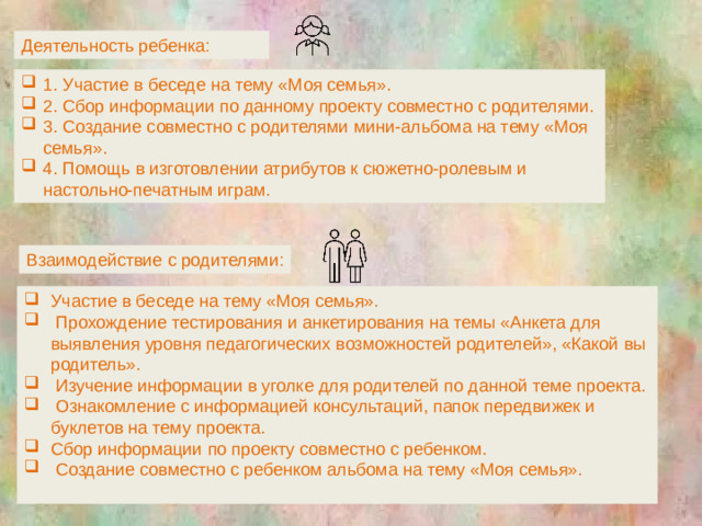 Деятельность ребенка: 1. Участие в беседе на тему «Моя семья». 2. Сбор информации по данному проекту совместно с родителями. 3. Создание совместно с родителями мини-альбома на тему «Моя семья». 4. Помощь в изготовлении атрибутов к сюжетно-ролевым и настольно-печатным играм. Взаимодействие с родителями: