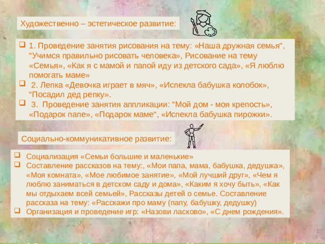 Художественно – эстетическое развитие: 1. Проведение занятия рисования на тему: «Наша дружная семья