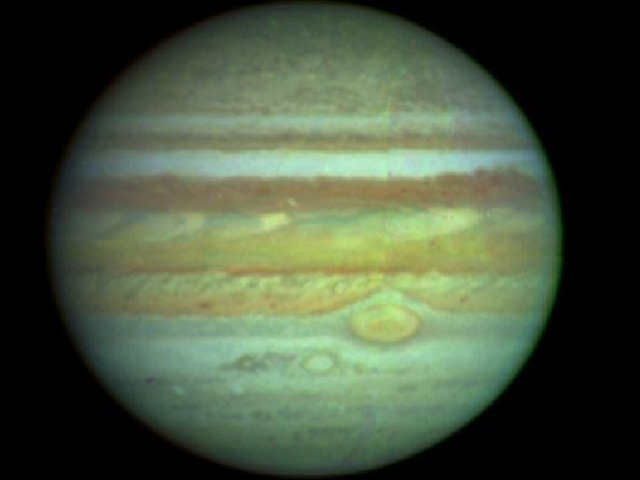 Jupiter *Jupiter is the fifth planet of the solar system. It is the first planet of the outer solar system *It is 5.20 AU from the sun *It orbits the sun in 12 years *It rotates about its axis in 10 hours *It masses more than twice all the other planets combined, 320 times that of Earth *Its diameter is 1300 times that of Earth *It has a gaseous surface *It has at least sixteen moons and a minor ring system. The moons are mostly named after Zeus (Jupiter's) lovers *It is named after the King of the Gods, ruler of Olympus and patron of the Roman states *It is mostly made of about 90% hydrogen and 10% helium (by numbers of atoms, 75/25% by mass) with traces of methane, water, ammonia and 