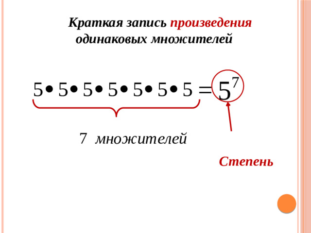 Краткая запись произведения  одинаковых множителей  Степень