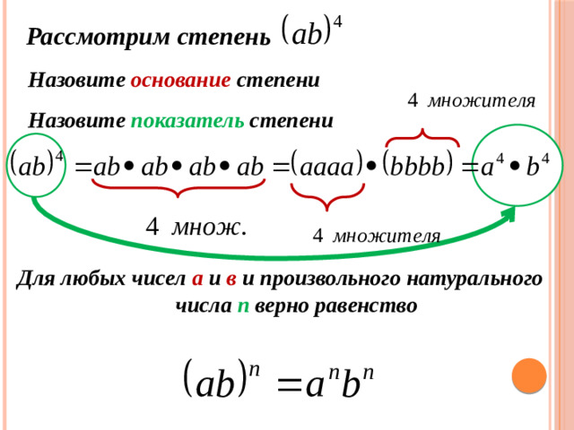 Рассмотрим степень  Назовите основание степени  Назовите показатель степени Для любых чисел а и в и произвольного натурального числа n верно равенство