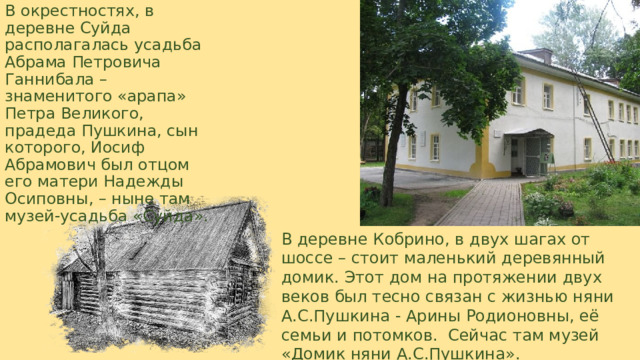 В окрестностях, в деревне Суйда располагалась усадьба Абрама Петровича Ганнибала – знаменитого «арапа» Петра Великого, прадеда Пушкина, сын которого, Иосиф Абрамович был отцом его матери Надежды Осиповны, – ныне там  музей-усадьба «Суйда». В деревне Кобрино, в двух шагах от шоссе – стоит маленький деревянный домик. Этот дом на протяжении двух веков был тесно связан с жизнью няни А.С.Пушкина - Арины Родионовны, её семьи и потомков.  Сейчас там музей «Домик няни А.С.Пушкина».