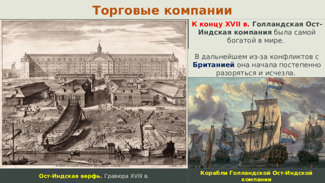 Торговые компании К концу XVII в. Голландская Ост-Индская компания была самой богатой в мире. В дальнейшем из-за конфликтов с Британией она начала постепенно разоряться и исчезла. Корабли Голландской Ост-Индской компании Ост-Индская верфь. Гравюра XVIII в.