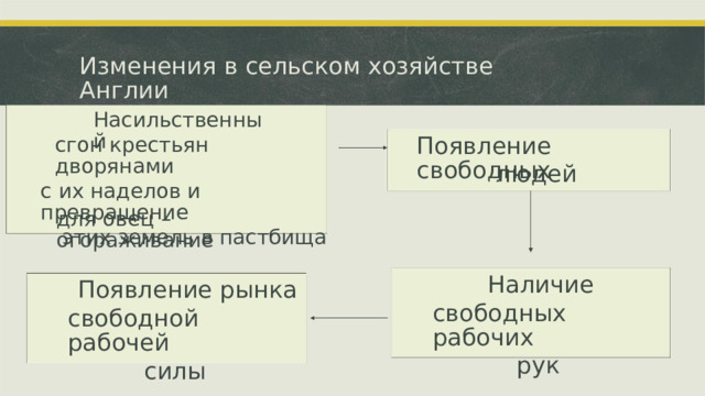 Изменения в сельском хозяйстве Англии Насильственный Появление свободных сгон крестьян дворянами с их наделов и превращение этих земель в пастбища людей для овец – огораживание Наличие свободных рабочих рук Появление рынка свободной рабочей силы