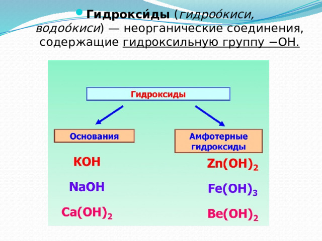 Гидрокси́ды  ( гидроо́киси, водоо́киси ) — неорганические соединения, содержащие  гидроксильную группу −OH.