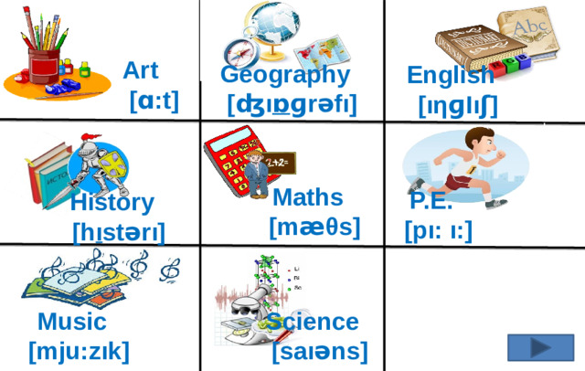 Art  [ɑ:t] Geography [ʤı ɒ ɡrәfı] English  [ıηɡIıʃ] Maths  [mӕθs] P.E.  [pı: ı:] History  [h ı stәrı] Music Science  [mju:zık]  [saıәns]