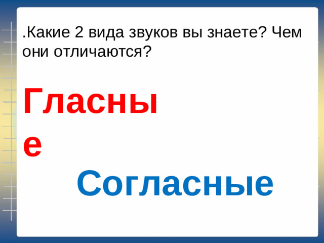 .Какие 2 вида звуков вы знаете? Чем они отличаются? Гласные Согласные