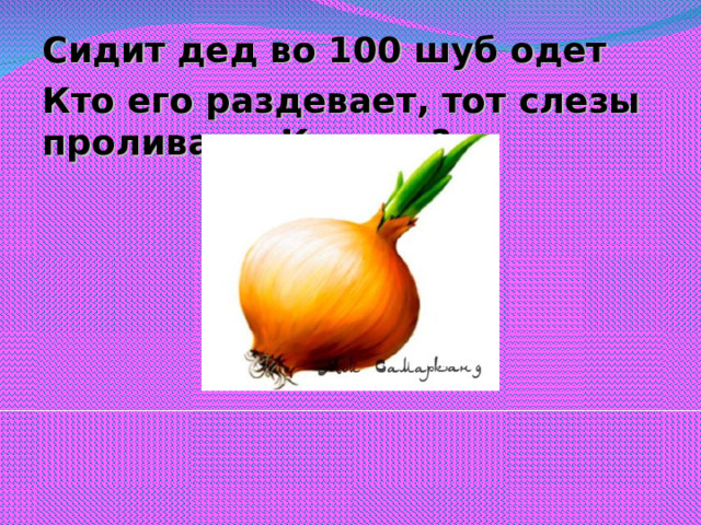 Сидит дед во 100 шуб одет Кто его раздевает, тот слезы проливает. Кто это?