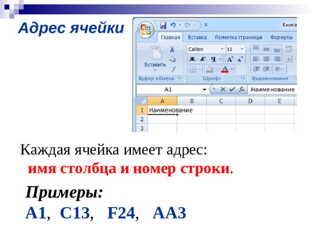 Адрес ячейки Каждая ячейка имеет адрес:  имя столбца и номер строки . Примеры: A1 ,  C13 ,  F24 ,  AA3