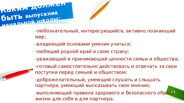 Каким должен быть выпускник начальной школы:   -любознательный, интересующийся, активно познающий мир; -владеющий основами умения учиться; -любящий родной край и свою страну; -уважающий и принимающий ценности семьи и общества; -готовый самостоятельно действовать и отвечать за свои поступки перед семьей и обществом; -доброжелательный, умеющий слушать и слышать партнера, умеющий высказывать свое мнение; -выполняющий правила здорового и безопасного образа жизни для себя и для партнера.