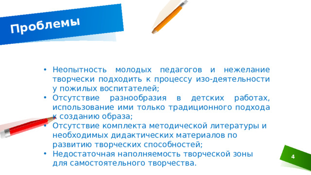 Проблемы Неопытность молодых педагогов и нежелание творчески подходить к процессу изо-деятельности у пожилых воспитателей; Отсутствие разнообразия в детских работах, использование ими только традиционного подхода к созданию образа; Отсутствие комплекта методической литературы и необходимых дидактических материалов по развитию творческих способностей; Недостаточная наполняемость творческой зоны для самостоятельного творчества.