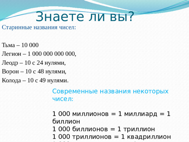 Знаете ли вы? Старинные названия чисел: Тьма – 10 000 Легион – 1 000 000 000 000, Леодр – 10 с 24 нулями, Ворон – 10 с 48 нулями, Колода – 10 с 49 нулями. Современные названия некоторых чисел: 1 000 миллионов = 1 миллиард = 1 биллион 1 000 биллионов = 1 триллион 1 000 триллионов = 1 квадриллион 1 000 квадриллионов = 1 квинтиллион