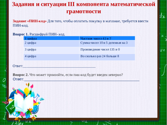 Задания и ситуации III компонента математической грамотности Задание «ПИН-код»  Для того, чтобы оплатить покупку в магазине, требуется ввести ПИН-код.  Вопрос 1. Расшифруй ПИН- код. Ответ:_______________________________________   Вопрос 2. Что может произойти, если пин-код будет введен неверно? Ответ:________________________________________________________   Slide master 1 цифра Частное чисел 42 и 7 2 цифра Сумма чисел 10 и 5 деленная на 3 3 цифра Произведение чисел 135 и 0 4 цифра Во сколько раз 24 больше 8 Your Text here  Lorem ipsum dolor sit amet, consectetuer adipiscing elit, sed diam nonummy nibh euismod tincidunt ut laoreet dolore magna aliquam erat volutpat. Ut wisi enim ad minim veniam, quis nostrud exerci tation ullamcorper suscipit lobortis nisl ut aliquip ex ea commodo consequat.  Duis autem vel eum iriure dolor in hendrerit in vulputate velit esse molestie consequat, vel illum dolore eu feugiat nulla facilisis at vero eros et accumsan et iusto odio dignissim qui blandit praesent luptatum zzril delenit augue duis dolore te feugait nulla facilisi.