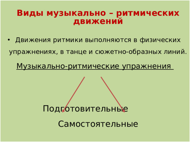 3.Виды музыкально ритмических движений в детском саду, принципы отбора музыкального репертуара  Виды музыкально-ритмических движений .   Виды музыкально – ритмических движений Движения ритмики выполняются в физических упражнениях, в танце и сюжетно-образных линий. Музыкально-ритмические упражнения Подготовительные Самостоятельные