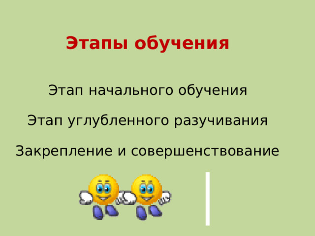 Этапы обучения    Этап начального обучения   Этап углубленного разучивания   Закрепление и совершенствование