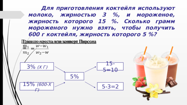 Для приготовления коктейля используют молоко, жирностью 3 %, и мороженое, жирность которого 15 %. Сколько грамм мороженого нужно взять, чтобы получить 600 г коктейля, жирность которого 5 %? Правило креста или конверт Пирсона    =  3% (Х Г) 15-5=10 5% 15% (600-Х Г) 5-3=2