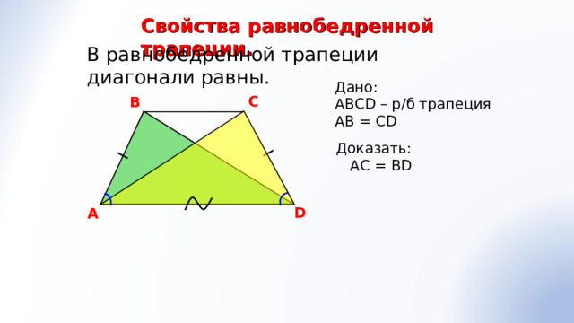 Свойства равнобедренной трапеции. В равнобедренной трапеции диагонали равны. Дано: АВС D – р/б трапеция AB = CD С В Доказать:  А C = BD D A