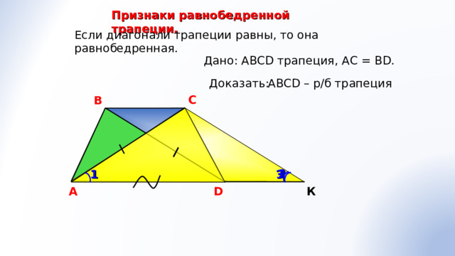 3 Признаки равнобедренной трапеции. Если диагонали трапеции равны, то она равнобедренная. Дано: ABCD трапеция, АС = В D.  АВС D – р/б трапеция Доказать: С В 2 1 К A D