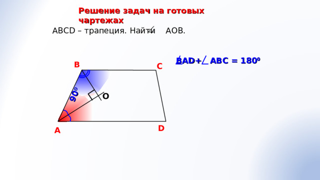 90 0 Решение задач на готовых чартежах АВС D – трапеция. Найти АОВ. ВА D+ АВС = 180 0 В С О Гаврилова Н.Ф. «Поурочные разработки по геометрии: 8 класс» D A