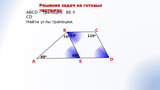 Решение задач на готовых чартежах АВС D – трапеция. ВЕ II С D Найти углы трапеции. В С 65 0 115 0 75 0 65 0 65 0 40 0 D Гаврилова Н.Ф. «Поурочные разработки по геометрии: 8 класс» A Е