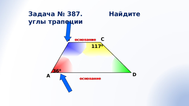 Задача № 387. Найдите углы трапеции В С основание 117 0 36 0 Л.С. Атанасян «Геометрия 7-9» № 387. D A основание