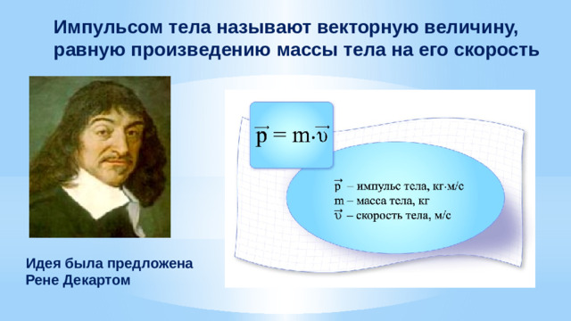 Импульсом тела называют векторную величину, равную произведению массы тела на его скорость Идея была предложена Рене Декартом