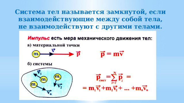 Система тел называется замкнутой, если взаимодействующие между собой тела, не взаимодействуют с другими телами.