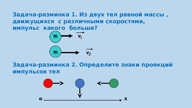 Задача-разминка 1. Из двух тел равной массы , движущихся с различными скоростями, импульс какого больше? Задача-разминка 2. Определите знаки проекций импульсов тел x o