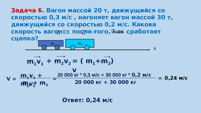 Задача 6. Вагон массой 20 т, движущийся со скоростью 0,3 м/с , нагоняет вагон массой 30 т, движущийся со скоростью 0,2 м/с. Какова скорость вагонов после того, как сработает сцепка? v v 2 v 1 m 2 m 1 X + m 2 v 2 = ( m 1 +m 2 ) v m 1 v 1  20 000 кг * 0,3 м/с + 30 000 кг * 0,2 м/с  m 1 v 1 + m 2 v 2 0,24 м/с = = V = m 1 + m 2 20 000 кг + 30 000 кг Ответ: 0,24 м/с