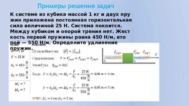 К си­сте­ме из ку­би­ка мас­сой 1 кг и двух пру­жин при­ло­же­на по­сто­ян­ная го­ри­зон­таль­ная сила величиной 25 Н. Система покоится. Между ку­би­ком и опо­рой тре­ния нет. Жест­кость пер­вой пру­жи­ны равна 450 Н/м, вто­рой — 550 Н/м. Определите удлинение пружин.
