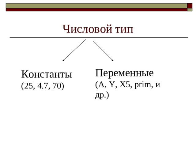 Числовой тип Переменные  ( A, Y , X5, prim, и др.)  Константы (25, 4.7, 70)