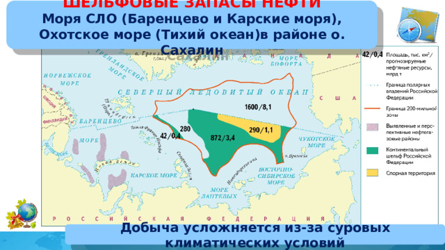 ШЕЛЬФОВЫЕ ЗАПАСЫ НЕФТИ Моря СЛО (Баренцево и Карские моря), Охотское море (Тихий океан)в районе о. Сахалин Добыча усложняется из-за суровых климатических условий