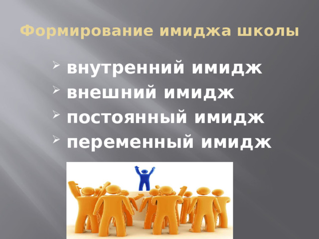 Формирование имиджа школы внутренний имидж внешний имидж постоянный имидж переменный имидж