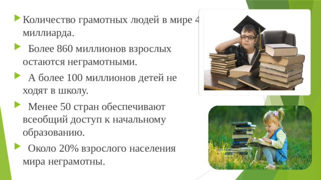 Количество грамотных людей в мире 4 миллиарда.  Более 860 миллионов взрослых остаются неграмотными.  А более 100 миллионов детей не ходят в школу.  Менее 50 стран обеспечивают всеобщий доступ к начальному образованию.  Около 20% взрослого населения мира неграмотны.