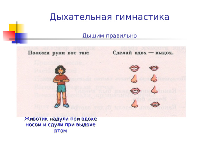 Дыхательная гимнастика   Дышим правильно Животик надули при вдохе носом и сдули при выдохе ртом