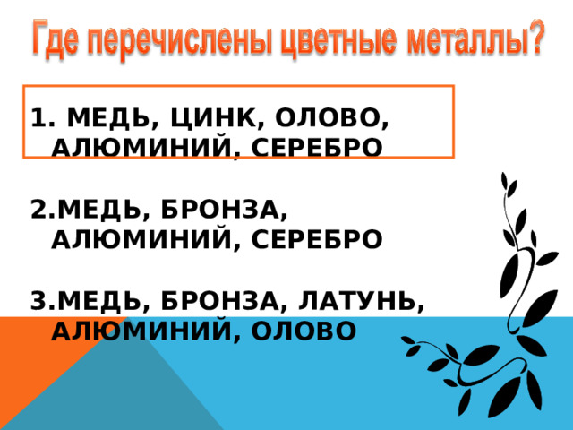 МЕДЬ, ЦИНК, ОЛОВО, АЛЮМИНИЙ, СЕРЕБРО  МЕДЬ, БРОНЗА, АЛЮМИНИЙ, СЕРЕБРО  МЕДЬ, БРОНЗА, ЛАТУНЬ, АЛЮМИНИЙ, ОЛОВО