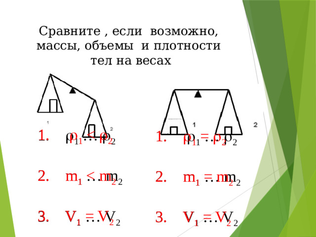 Сравните , если возможно, массы, объемы и плотности тел на весах 1.  1 2. m 1 3. V 1 = V 2  1.  1 …  2  2. m 1 … m 2  3. V 1 … V 2  1.  1 …  2  1.  1 =  2  2. m 1 … m 2  2. m 1 = m 2  3. V 1 … V 2  3. V 1 = V 2