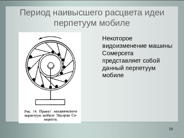 Период наивысшего расцвета идеи перпетуум мобиле  Некоторое видоизменение машины Сомерсета представляет собой данный перпетуум мобиле