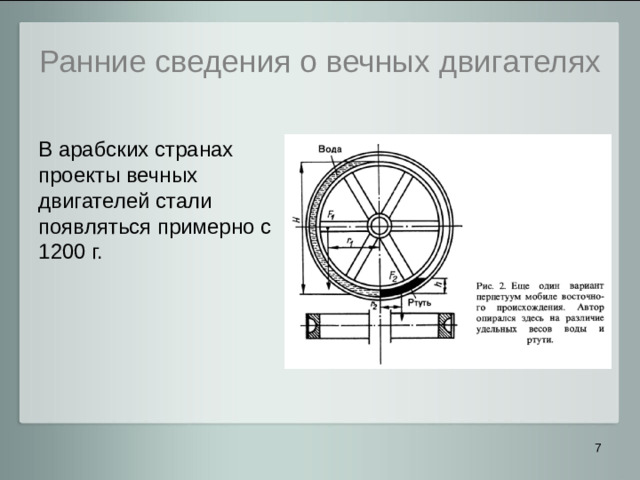 Ранние сведения о вечных двигателях В арабских странах проекты вечных двигателей стали появляться примерно с 1200 г.