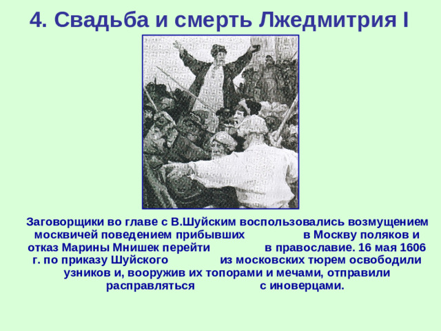 4. Свадьба и смерть Лжедмитрия I  Заговорщики во главе с В.Шуйским воспользовались возмущением москвичей поведением прибывших в Москву поляков и отказ Марины Мнишек перейти в православие. 16 мая 1606 г. по приказу Шуйского из московских тюрем освободили узников и, вооружив их топорами и мечами, отправили расправляться с иноверцами.